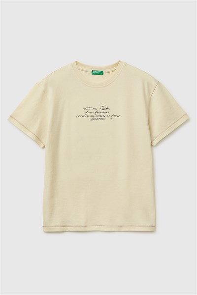 United Colors of Benetton Erkek Çocuk Önü Baskılı Arkası İşlemeli Bisiklet Yaka T-Shirt Ekru 6-13 Yaş