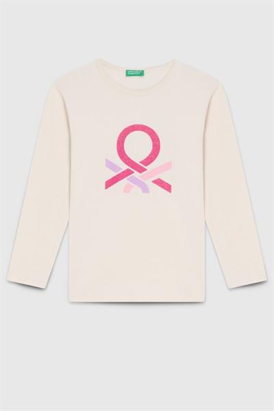 United Colors of Benetton Kız Çocuk BNT-G23331 Uzun Kollu Tshirt Ekru