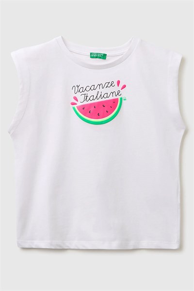 United Colors of Benetton Kız Çocuk Kabarık Baskı Detaylı T-Shirt Beyaz 6-14 Yaş
