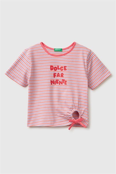 United Colors of Benetton Kız Çocuk Kırmızı Mix Önü Düğümlü Baskılı Regular Fit T-Shirt 6-14 Yaş