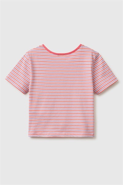 United Colors of Benetton Kız Çocuk Kırmızı Mix Önü Düğümlü Baskılı Regular Fit T-Shirt 6-14 Yaş