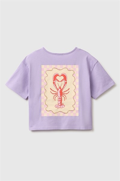United Colors of Benetton Kız Çocuk Lila Ön ve Arka Baskı Detaylı Boncuk İşlemeli Geniş Yaka T-Shirt 6-14 Yaş 