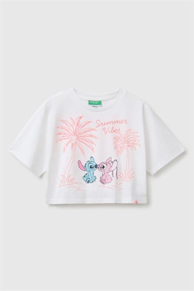 United Colors of Benetton Kız Çocuk Lilo & Stitch Baskı Detaylı Crop T-Shirt Beyaz 6-13 Yaş