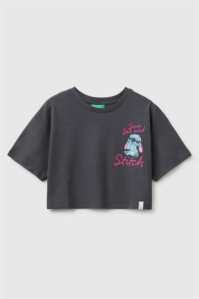 United Colors of Benetton Kız Çocuk Lilo & Stitch Baskı Detaylı Crop T-Shirt Kahverengi 6-13 Yaş