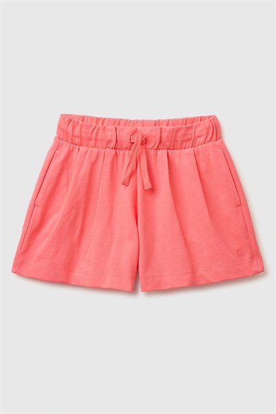 United Colors of Benetton Kız Çocuk Logo İşleme Detaylı Yan Cepli Bermuda Şort Mercan  6-14 Yaş
