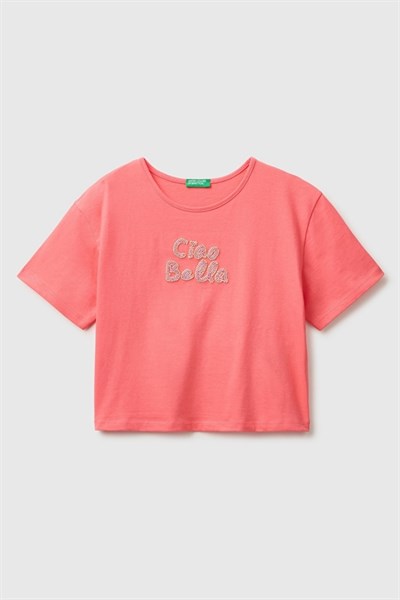 United Colors of Benetton Kız Çocuk Mercan Ön ve Arka Baskı Detaylı Boncuk İşlemeli Geniş Yaka T-Shirt 6-14 Yaş 