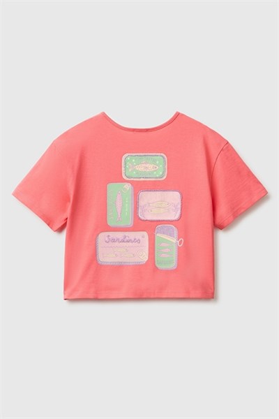 United Colors of Benetton Kız Çocuk Mercan Ön ve Arka Baskı Detaylı Boncuk İşlemeli Geniş Yaka T-Shirt 6-14 Yaş 