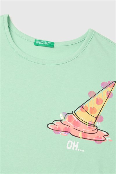 United Colors of Benetton Kız Çocuk Pul Baskı Detaylı Bisiklet Yaka T-Shirt Yeşil 6-14 Yaş
