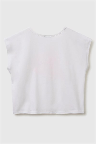 United Colors of Benetton Kız Çocuk Pul Baskı Detaylı Bisiklet Yaka T-Shirt Beyaz -Pembe 6-14 Yaş
