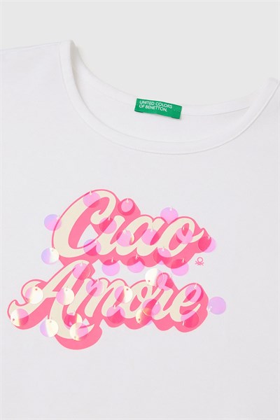 United Colors of Benetton Kız Çocuk Pul Baskı Detaylı Bisiklet Yaka T-Shirt Beyaz -Pembe 6-14 Yaş