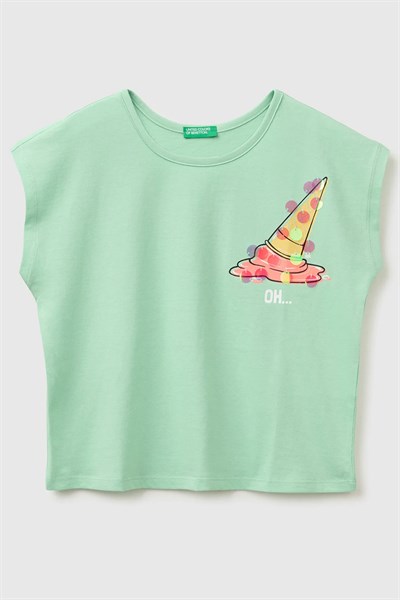 United Colors of Benetton Kız Çocuk Pul Baskı Detaylı Bisiklet Yaka T-Shirt Yeşil 6-14 Yaş
