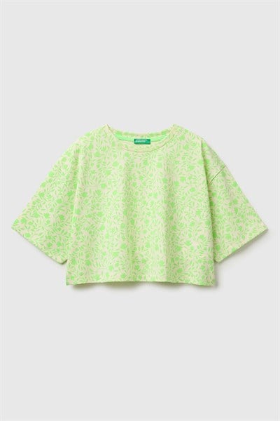 United Colors of Benetton Kız Çocuk Tamamı Baskı Detaylı Oversize Crop T-Shirt Sarı 6-12 Yaş