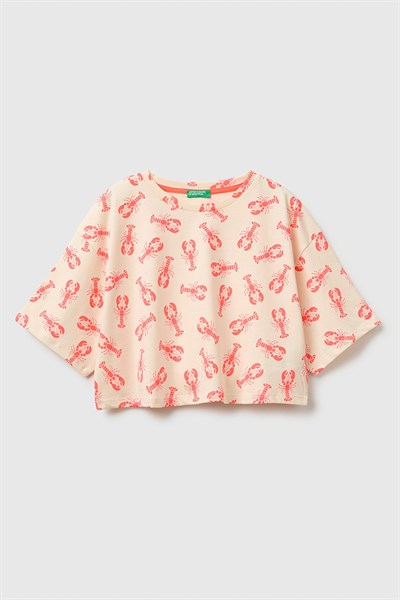 United Colors of Benetton Kız Çocuk Tamamı Baskı Detaylı Oversize Crop T-Shirt Turuncu 6-12 Yaş