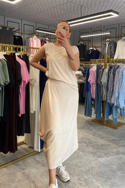 Kırınkıl Kumaş Bluz Etek Takım Bej