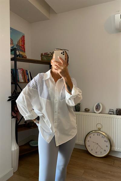 Lacivert Çizgili Gömlek Beyaz