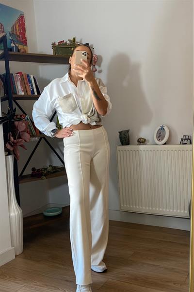 Orj Marka Selanik Kumaş Önden Dikişli Pantolon Krem