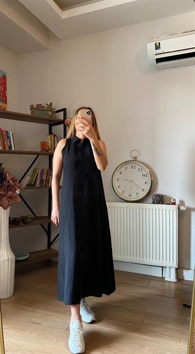 Orj Marka Tencel Kumaş Önden Düğmeli Gömlek Elbise Siyah 