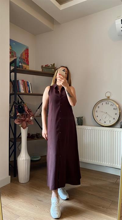 Orj Marka Tencel Kumaş Önden Düğmeli Gömlek Elbise Bordo