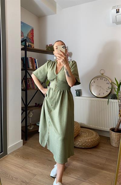 Tencel Kumaş Yarım Kol Düğmeli Elbise Yeşil