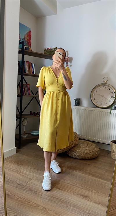 Tencel Kumaş Yarım Kol Düğmeli Elbise Sarı