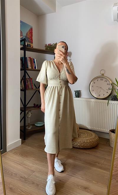 Tencel Kumaş Yarım Kol Düğmeli Elbise Bej