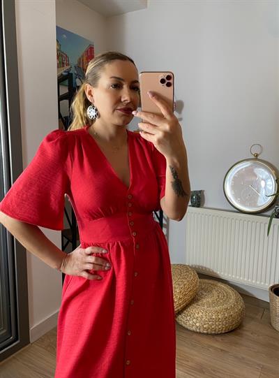 Tencel Kumaş Yarım Kol Düğmeli Elbise Kırmızı