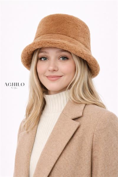 Kadın Peluş Kova Şapka - Camel