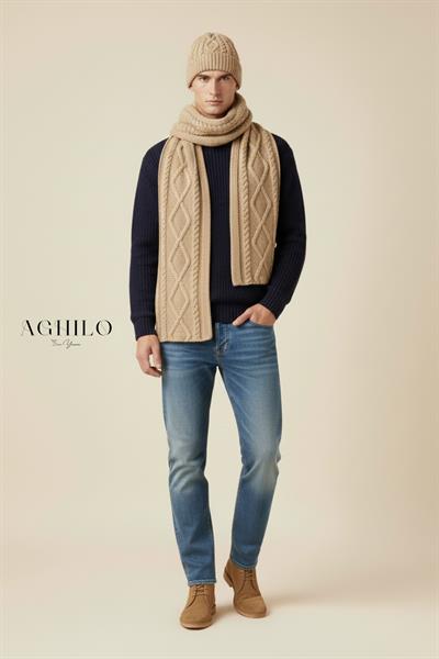 Unisex Desenli Atkı Bere Takımı - Bej