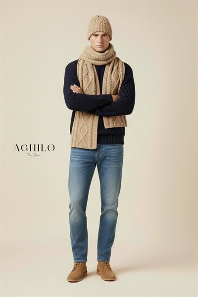 Unisex Desenli Atkı Bere Takımı - Bej