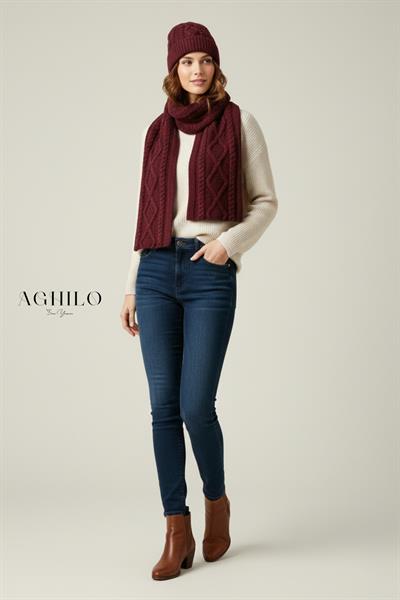Unisex Desenli Atkı Bere Takımı - Bordo