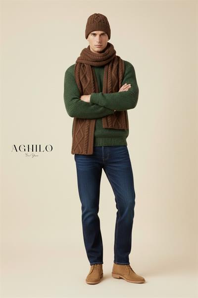 Unisex Desenli Atkı Bere Takımı - Kahverengi