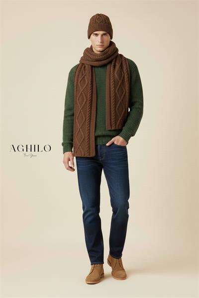 Unisex Desenli Atkı Bere Takımı - Kahverengi