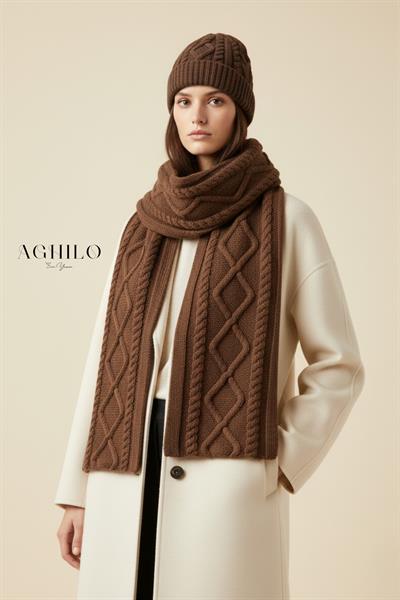 Unisex Desenli Atkı Bere Takımı - Kahverengi