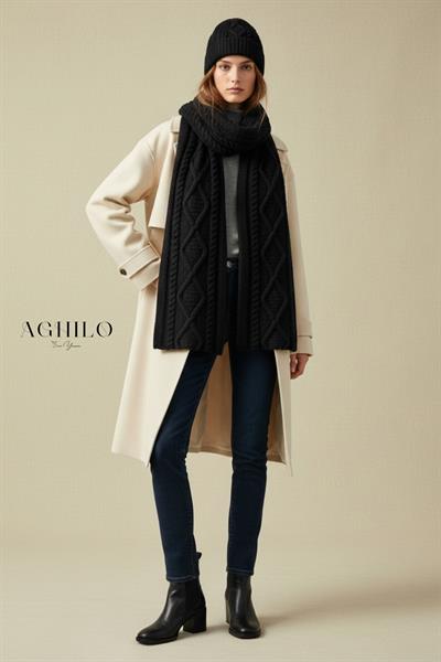 Unisex Desenli Atkı Bere Takımı - Siyah