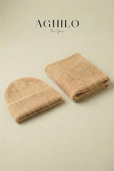 Unisex Yünlü Atkı & Bere Takımı - Bej