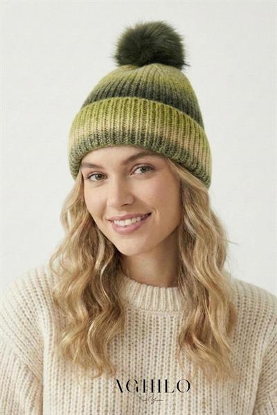 Yünlü Ponpon Detaylı Ebruli Desen Bere - Yeşil