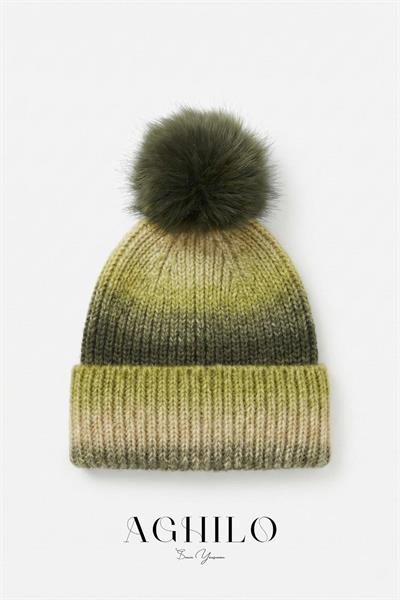 Yünlü Ponpon Detaylı Ebruli Desen Bere - Yeşil