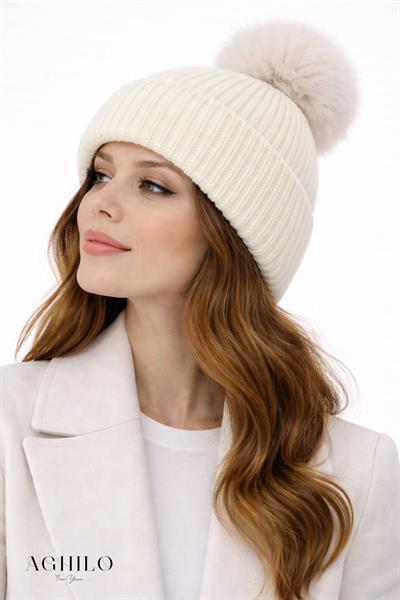 Yünlü Ponponlu Bere - Beyaz