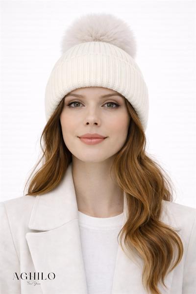 Yünlü Ponponlu Bere - Beyaz