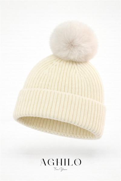 Yünlü Ponponlu Bere - Beyaz