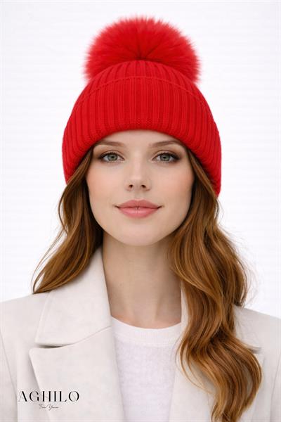 Yünlü Ponponlu Bere - Kırmızı