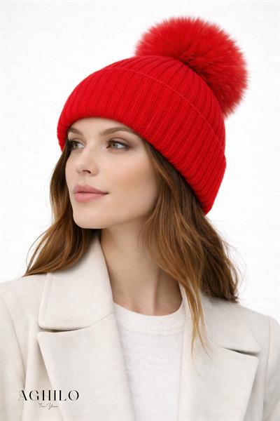 Yünlü Ponponlu Bere - Kırmızı