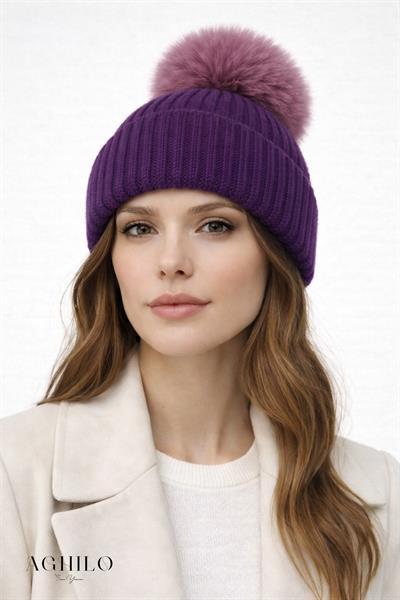 Yünlü Ponponlu Bere - Mor