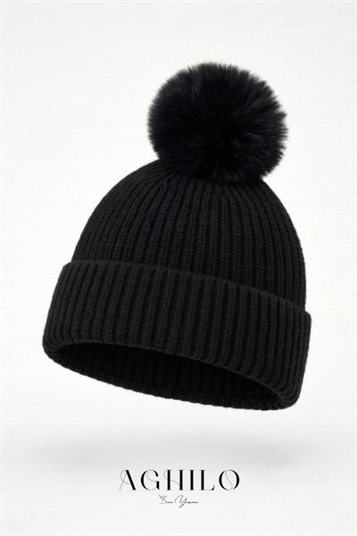 Yünlü Ponponlu Bere - Siyah