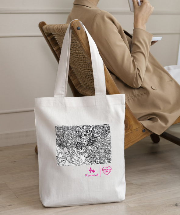 Siyah Doodle Desenli Bez Çanta