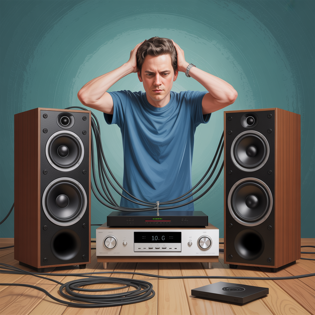 Hi-Fi sistem kurulumu sırasında yapılan yaygın hataları gösteren bir ses sistemi illüstrasyonu