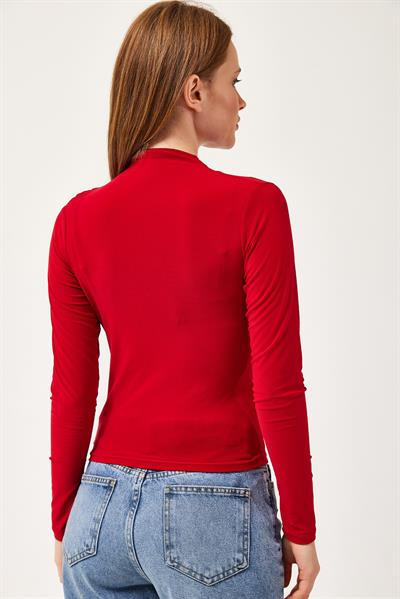  Balıkçı Yaka Drapeli Basic Bluz Bordo