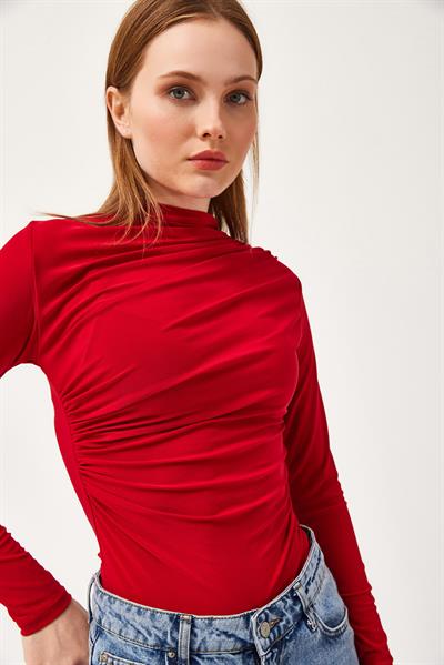  Balıkçı Yaka Drapeli Basic Bluz Bordo