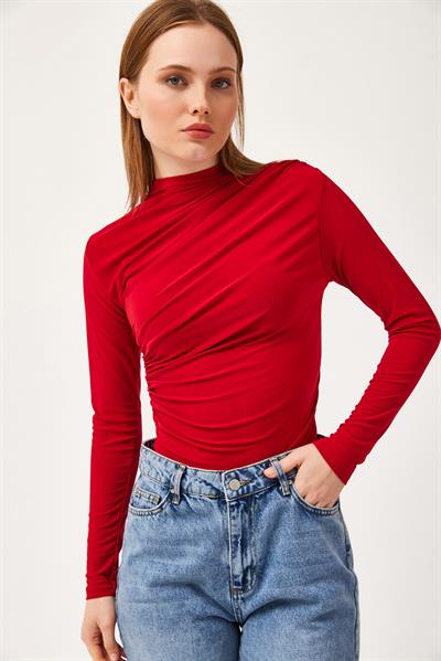  Balıkçı Yaka Drapeli Basic Bluz Bordo