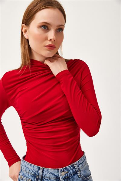  Balıkçı Yaka Drapeli Basic Bluz Bordo